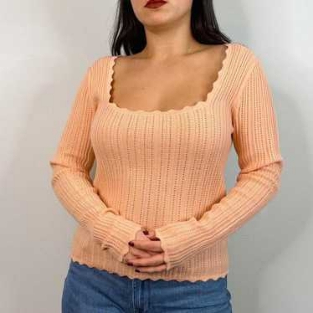 J. CREW 100% Merino Wool Scalloped Square Neck Pointelle Sweater